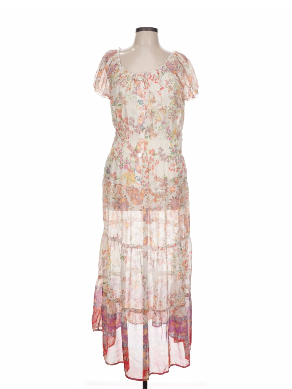 Figueroa & Flower Ivory Paisley Floral Tiered Maxi Dress Sz L Short Sleeve